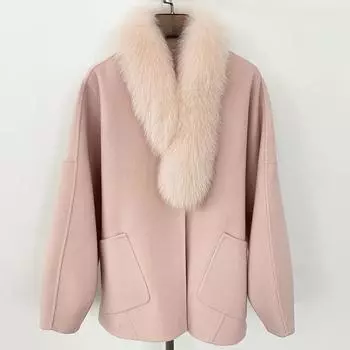 OFTBUY2024 New Autumn Winter Women Coat Real Natural Fox Fur Collar Double-faced Woolen Blends Jacket Thick Warm Casual New Overwears One Size белый