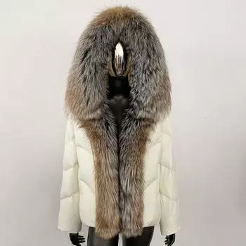 OFTBUY 2024 Белый утиный пуховик Новая зимняя куртка для женщин с воротником из натурального меха лисы и капюшоном Короткая толстая теплая повседневная верхняя одежда S