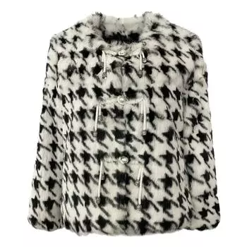 OFTBUY 2024 Настоящее натуральное пальто из кроличьего меха зимняя куртка женская толстая теплая с узором «гусиная лапка» элегантная верхняя одежда уличная мода S бежевый