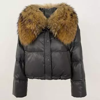 OFTBUY 2024 Натуральная шуба Зимняя куртка Женская Натуральный Большой Меховой Воротник Из Натурального Меха Енота Толстая Теплая Короткая Верхняя Одежда Уличная Мода S