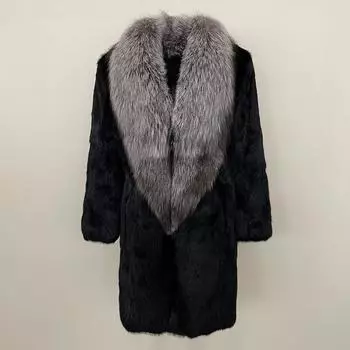 OFTBUY 2024, новинка, женское пальто из натурального кроличьего меха, женская зимняя куртка из цельного меха, женская меховая куртка средней длины, верхняя одежда с воротником из серебристой лисы XXL