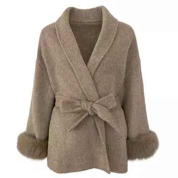 OFTBUY 2024 Осень Зима Куртка Шерстяное Пальто Съемные Натуральные Большие Манжеты Из Меха Лисы Модные Натуральные Женские Свободные Теплые S бежевый