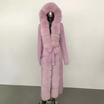 OFTBUY 2024, осень-зима, съемный вязаный кардиган из натурального лисьего меха, тонкий длинный женский свитер с капюшоном, меховая куртка на шнуровке XXXL