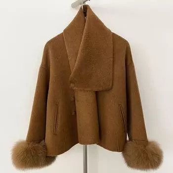 OFTBUY 2024 Осень Зима Женское Пальто Натуральный Мех Лисы Манжеты Двусторонняя Шерстяная Смесовая Куртка Толстая Теплая Повседневная Новая Верхняя Одежда S бежевый