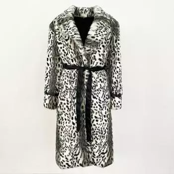 OFTBUY 2024, осенне-зимнее пальто выше колена из цельной кожи, импортное пальто с кроличьим мехом, женское пальто с леопардовым принтом, утолщенное теплое меховое интегрированное пальто S