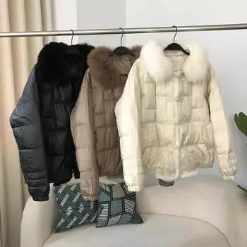 OFTBUY 2024 пальто из натурального меха, зимняя куртка, женская куртка из натурального норкового меха с воротником на утином пуху, толстая теплая свободная верхняя одежда, уличная одежда, новинка M бежевый