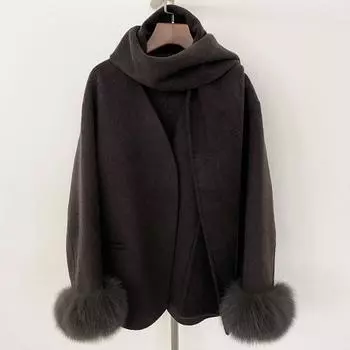 OFTBUY 2024 Winter Women Coat Real Natural Fox Fur Cuff Double-faced Woolen Blends Jacket Thick Warm Casual New Overwears One Size бежевый