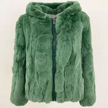 OFTBUY 2024 Зимний плюшевый меховой топ с капюшоном, модное пальто из натурального меха кролика, утолщенное теплое новое повседневное пальто для женской куртки S зелёный