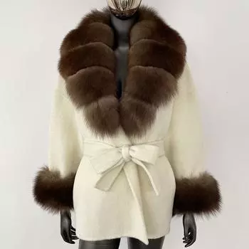 OFTBUY 2024 Зимняя куртка с карманом на поясе, натуральное пальто из натурального меха енота и лисицы, женская свободная верхняя одежда, повседневная верхняя одежда, уличная одежда S черный коричневый