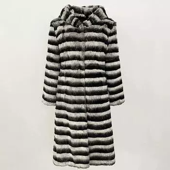 OFTBUY 2024 Зимняя новая мода с капюшоном из натурального меха кролика, шуба женская полосатая Тоторо, утолщенные теплые длинные пальто S черный белый