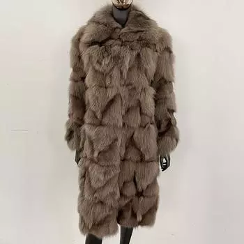 OFTBUY 2025 Новое модное толстое теплое пальто из натурального меха, повседневная зимняя куртка для женщин, верхняя одежда с отложным воротником из натурального лисьего меха, длинная S серый