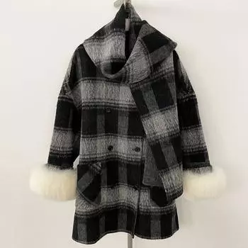 OFTBUY New Winter Women Coat Real Natural Fox Fur Cuff Turn-down Double-faced Woolen Blends Jacket Thick Warm Casual Overwear One Size чёрный