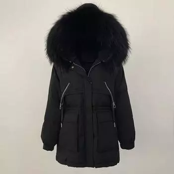 OFTBUY Осень-зима 90% белый утиный пух рабочая куртка Parker Down женская средней длины с капюшоном и воротником из меха енота утолщенная теплая S чёрный