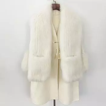 OFTBUY Осень-зима Женское пальто из натурального лисьего меха с V-образным вырезом Двусторонняя шерстяная куртка из смесей Толстая теплая повседневная новая верхняя одежда M белый