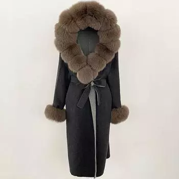 OFTBUY Осень-зима Женское пальто с воротником из натурального меха лисы с капюшоном Двусторонняя шерстяная куртка из смесей Толстая теплая повседневная верхняя одежда S черный коричневый