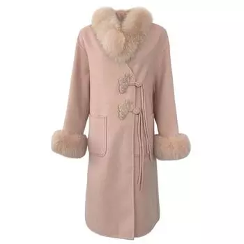 OFTBUY Осенне-зимняя куртка из натурального настоящего большого лисьего меха с воротником, длинное толстое теплое шерстяное пальто, женская верхняя одежда с вышивкой в китайском стиле One Size бежевый