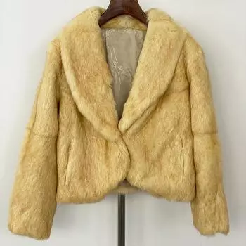 OFTBUY Пальто из натурального меха кролика зимняя куртка женская толстая теплая элегантная верхняя одежда уличная мода отложной воротник S жёлтый