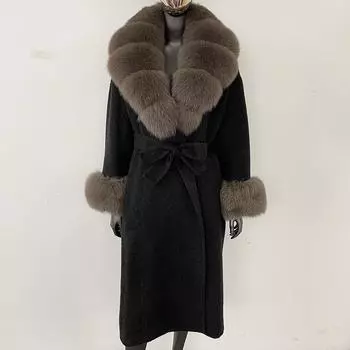 OFTBUY шерстяное пальто женское 2024 осень зима натуральный мех лисы куртка женская длинная теплая натуральный мех лисы воротник меховые манжеты пальто шерстяное пальто S
