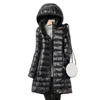 OFTBUY Slim Remove Hooded Parka Fashioned Upperwear 2023 Winter Womens Down Jackets Long Light Thin Coat Puffer Jacket M чёрный