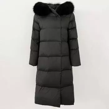 OFTBUY Зимнее женское пальто с воротником из натурального меха лисы, толстая теплая длинная куртка, повседневная белая утиная пуховая поясная одежда, новая верхняя одежда с капюшоном S чёрный