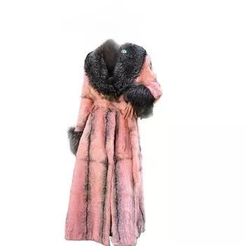 OFTBUY Женская роскошная натуральная шуба из кролика Рекс, удлиненная куртка из натурального меха, воротник из лисьего меха, утолщенная теплая зимняя уличная модная одежда S Bust 95cm