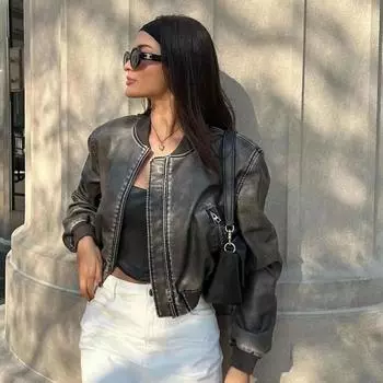 OFTBUY женская свободная кожаная куртка винтажная стойка с воротником-стойкой градиентная молния короткое пальто весеннее женское локомотив стиль шик XS чёрный