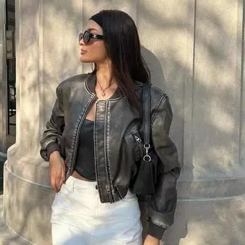 OFTBUY женская свободная кожаная куртка винтажная стойка с воротником-стойкой градиентная молния короткое пальто весеннее женское локомотив стиль шик XS чёрный