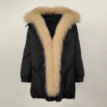 OFTBUY Женское зимнее утепленное пальто средней длины 2024 года со съемным воротником из лисьего меха, свободная широкая версия, меховой пуховик, шаль для поездок на работу M белый