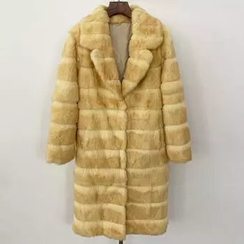 OFTBUY Зимнее женское пальто из натурального меха кролика, цельное, с поясом, отложным воротником, длинная теплая утолщенная куртка, индивидуальные цвета, верхняя одежда S жёлтый