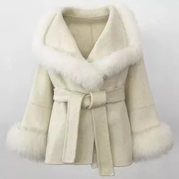 OFTBUY Зимнее женское пальто из натурального меха лисы, куртка из смесей шерсти, элегантная повседневная, с отложным воротником, для офисных леди, плотная теплая верхняя одежда средней длины S белый