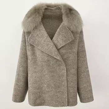 OFTBUY Зимнее женское пальто из натурального лисьего меха, двусторонняя шерстяная куртка средней длины с отложным воротником, повседневная офисная женская верхняя одежда S серый