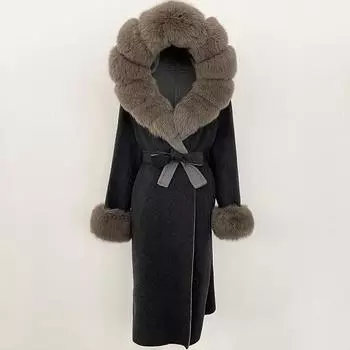 OFTBUY Зимнее женское пальто из натурального лисьего меха с капюшоном и съемным воротником Двусторонняя шерстяная куртка Длинная повседневная элегантная верхняя одежда S черный коричневый