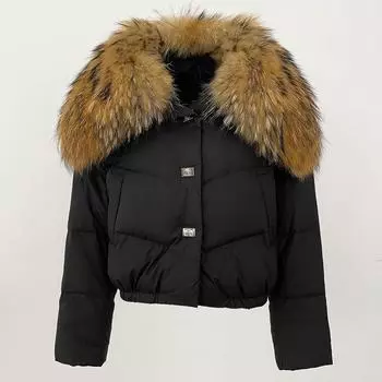 OFTBUY Зимняя куртка женская большая с воротником из натурального меха енота, натуральное толстое теплое пуховое пальто, короткая верхняя одежда, уличная одежда, свободная повседневная одежда S