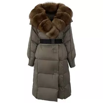 OFTBUY Зимняя куртка женская длинная из натурального меха енота лисы воротник белый утиный пуховик пояс толстая теплая повседневная верхняя одежда S