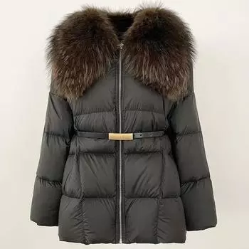 OFTBUY Зимняя куртка женская Натуральный мех енота воротник пояс Толстый теплый утиный пух пальто Съемная верхняя одежда Уличная одежда Повседневная S