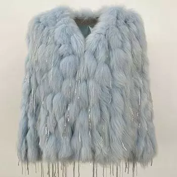 OFTBUY Зимняя теплая шуба из натурального меха лисы, плетеное пальто, женское с V-образным вырезом, роскошное свободное уличное повседневное натуральное меховое пальто One Size бежевый