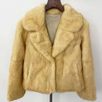 OFTBUY Зимняя женская куртка из натурального меха кролика, толстая теплая элегантная верхняя одежда, повседневная уличная одежда с отложным воротником S жёлтый