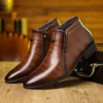 Ofu Footwear 6013 Men s Pointed Daily Fashion Boots, White Striped Embossed Side Zipper Short Boots Leather Boots 39 чёрный
