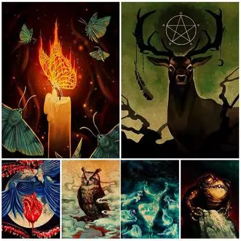 Огненный мотылек, сова, ворона, жаба, лось абстрактный художественный постер с загадочными животными и принтом «Существа в волшебном мире» винтажный настенный художественный декор без рамки 21*30cm