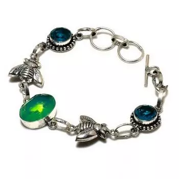 Огненный опал, синий топаз, драгоценный камень 925, посеребренный ювелирный браслет 6–8 дюймов