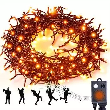 Огни на Хэллоуин 100 м 600 светодиодных гирлянд на Хэллоуин с музыкой, водонепроницаемые IP44 оранжевые огни украшения на Хэллоуин на открытом воздухе 600 LED