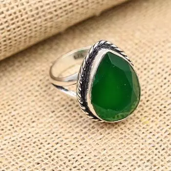 Ограненное кольцо из стерлингового серебра 925 пробы с граненым зеленым ониксом и драгоценным камнем ручной работы на День Благодарения 4 зелёный