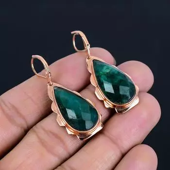 Ограненные изумрудные драгоценные камни, медные ювелирные изделия ручной работы, великолепные серьги для женщин 1.77 inches зелёный