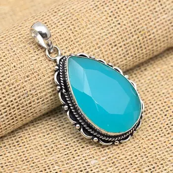 Ограненный аква-халцедоновый драгоценный камень ручной работы из стерлингового серебра 925 пробы ювелирный кулон для женщин 1.77 Inches синий