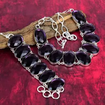 Ограненный аметист, драгоценный камень, комплект ювелирных изделий из стерлингового серебра 925 пробы, ожерелье ручной работы и браслет, комплект ювелирных изделий для свадебного подарка Adjustable With 8 -18 фиолетовый