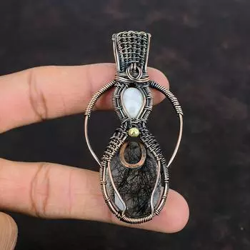 Ограненный черный рутиловый кулон с драгоценным камнем, медная проволока, обернутая кулоном, Радужный кулон с лунным камнем, подарки для мамы, медные украшения, кулон ручной работы