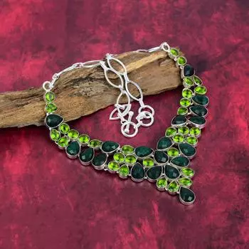 Ограненный изумруд, ожерелье с драгоценными камнями из перидота, ожерелье из чистого серебра 925 пробы, ювелирные изделия ручной работы, ожерелье с камнями по случаю рождения, подарок для него Adjustable With 18 Inches зелёный