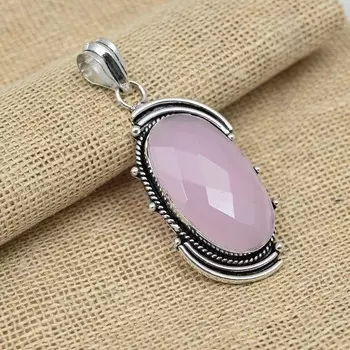Ограненный розовый халцедон, драгоценный камень, подвеска из стерлингового серебра 925 пробы, ювелирные изделия ручной работы 2.36 Inches розовый