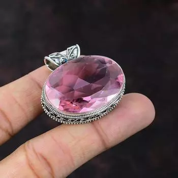 Ограненный розовый кунцит Кулон из стерлингового серебра 925 пробы Ювелирные изделия из настоящего драгоценного камня Винтажный кулон Ювелирные изделия ручной работы Подарок для жены Этнический кулон