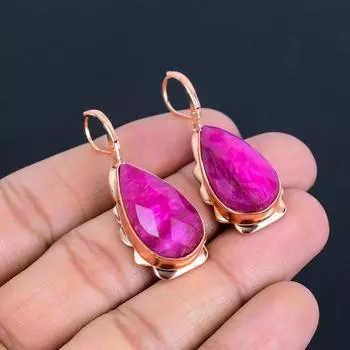 Ограненный рубиновый драгоценный камень, медные украшения, женские серьги ручной работы, подарок для нее 1.77 Inches розовый